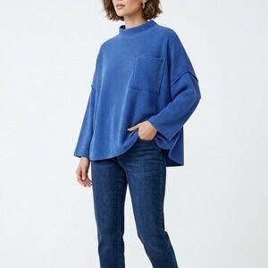 Nellie Mae Blouse Top Womens Small Blue Textured Ribbed Oversized Drop Shoulder